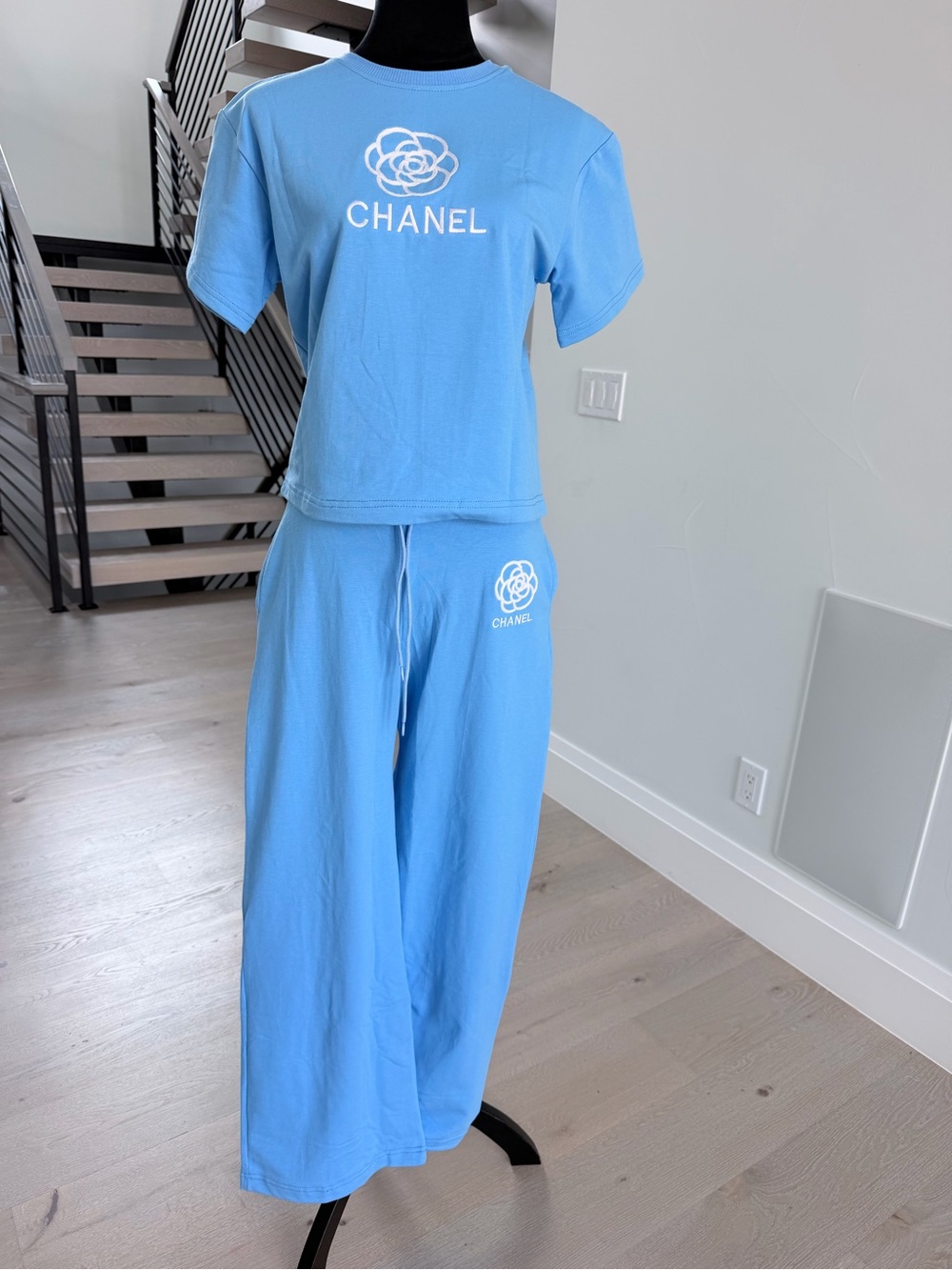 Sky Blue Wide-Leg Lounge Pants with Matching Tee size S